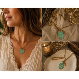 Plunder Gold Tone Chain Necklace Turquoise Enamel Charm Key Layering Necklace